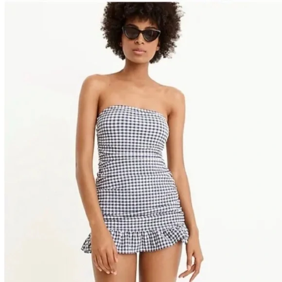 J. Crew ๐๏ธ Blue & White Gingham Retro Style beach swimsuit bathing suit skirt 6 - Picture 1 of 12